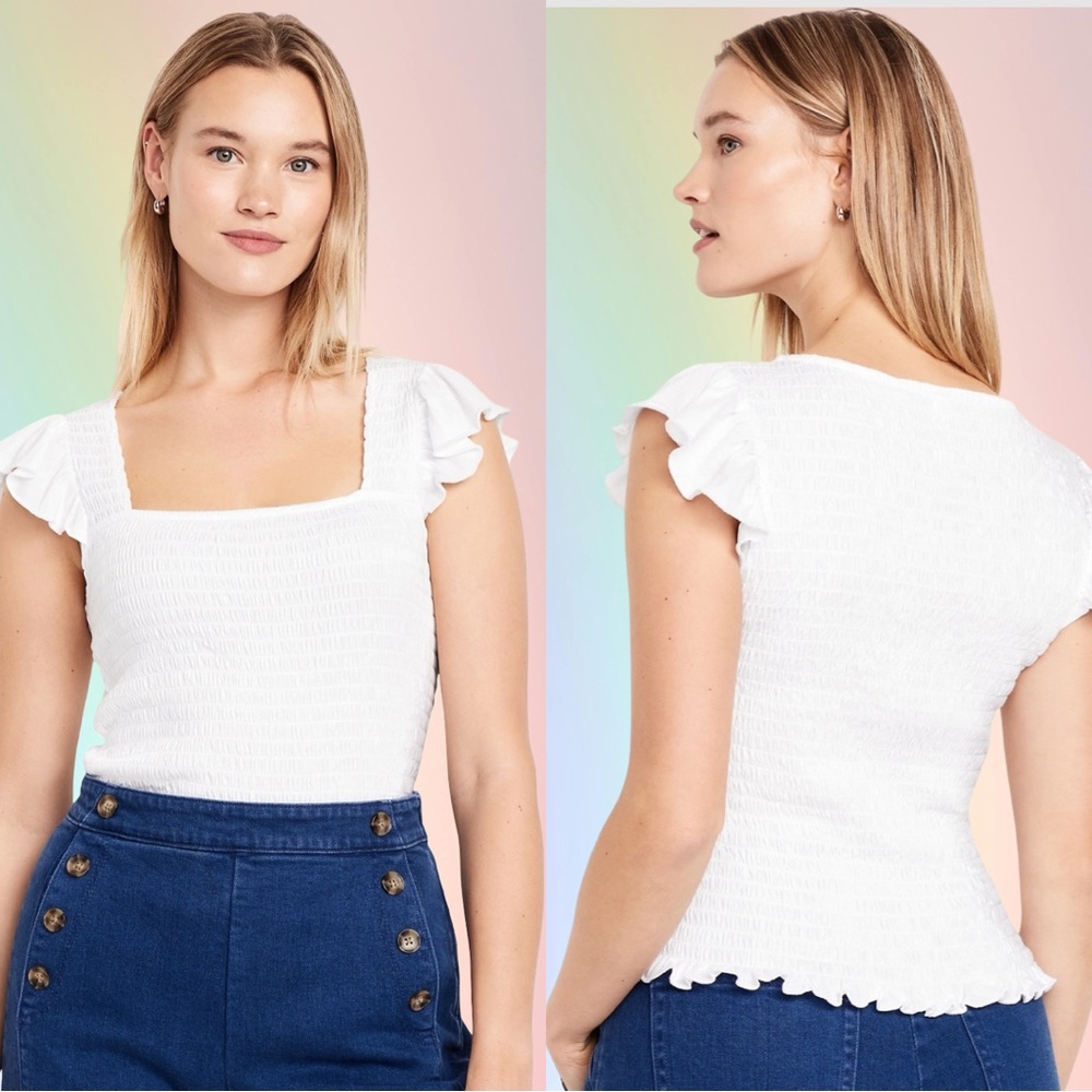 NWTS💓GAP OLD NAVY XL💓CRISP WHITE COTTON SEERSUCKER SMOCKED FLUTTER SLEEVED TOP - Picture 2 of 12